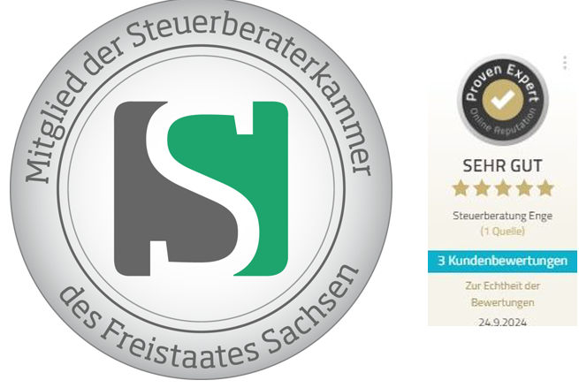 Logo der Steuerberaterkammer Sachsen mit Bewertungszertifikat „SEHR GUT“.